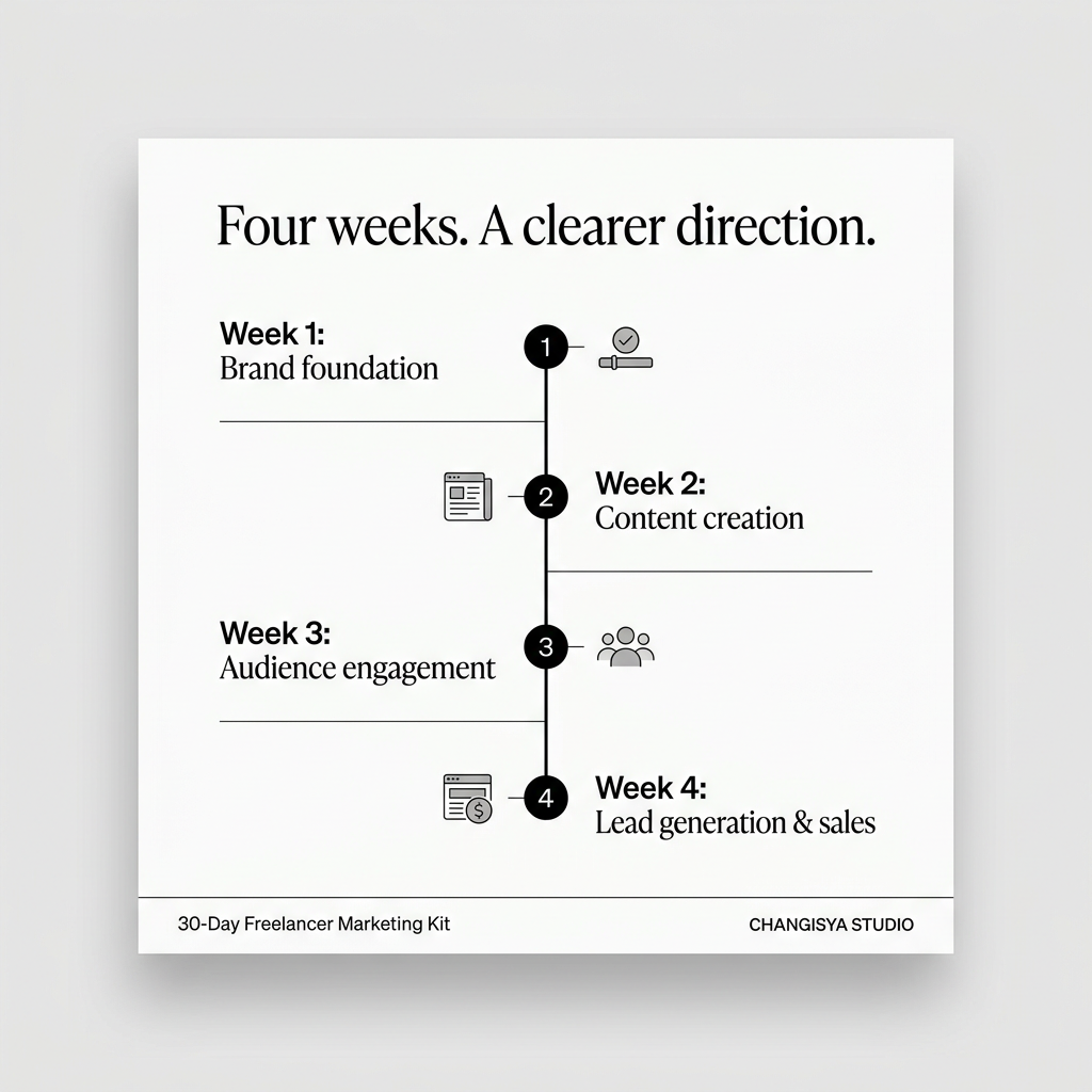 Four-week marketing roadmap: brand foundation, content creation, audience engagement, lead generation and sales