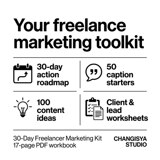 Freelancer kit features including a 30-day roadmap, 50 caption starters, 100 content ideas, and client and lead worksheets