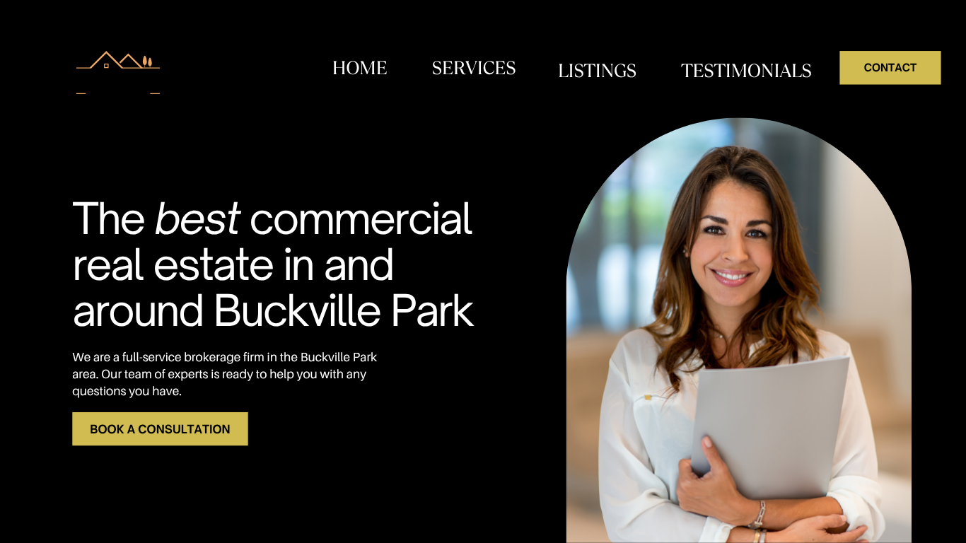 Real estate website homepage with a woman holding a tablet and text about commercial real estate in Buckville Park.