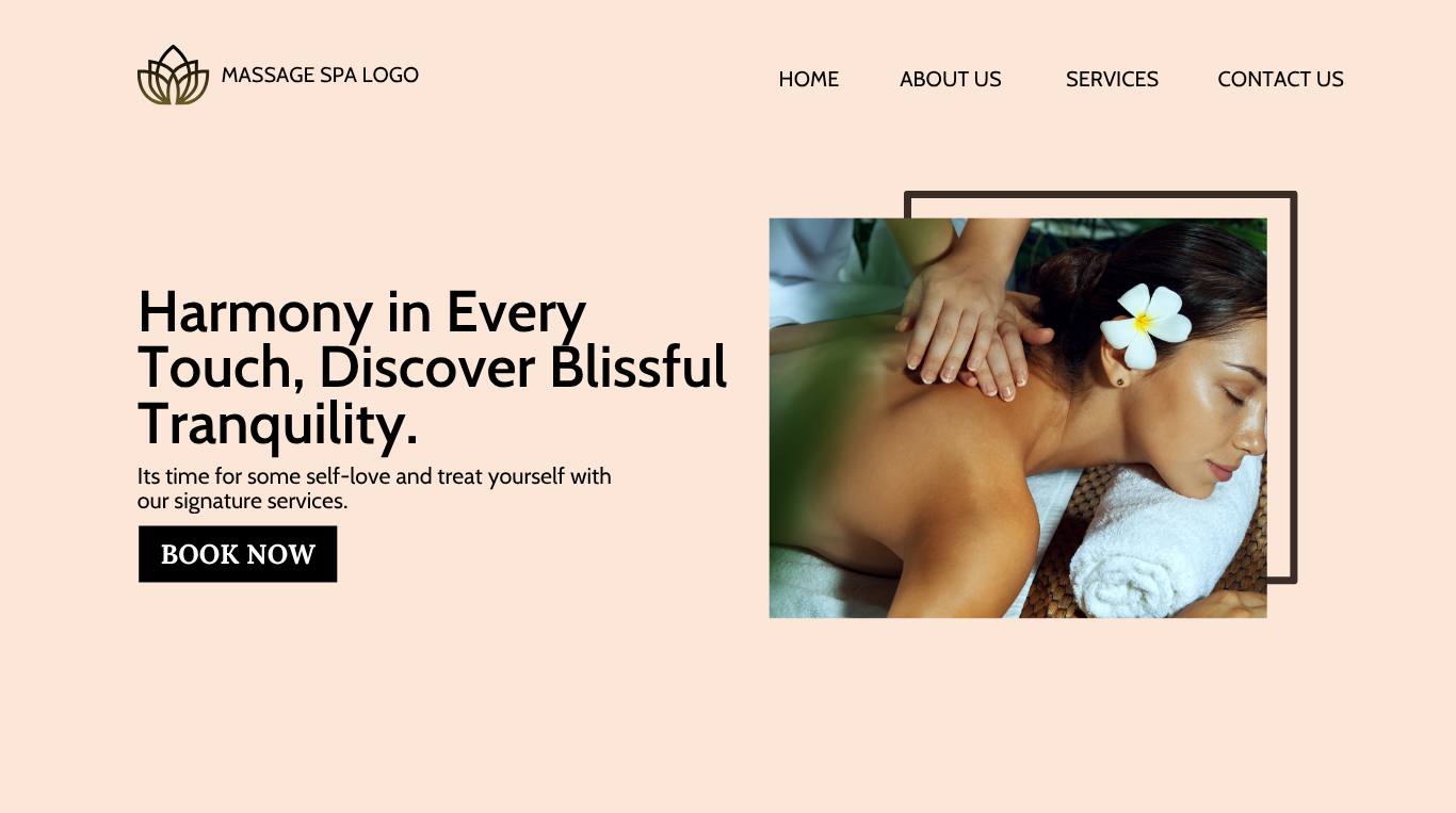 Massage spa homepage with a woman receiving a massage, text about tranquility, and a 'Book Now' button.