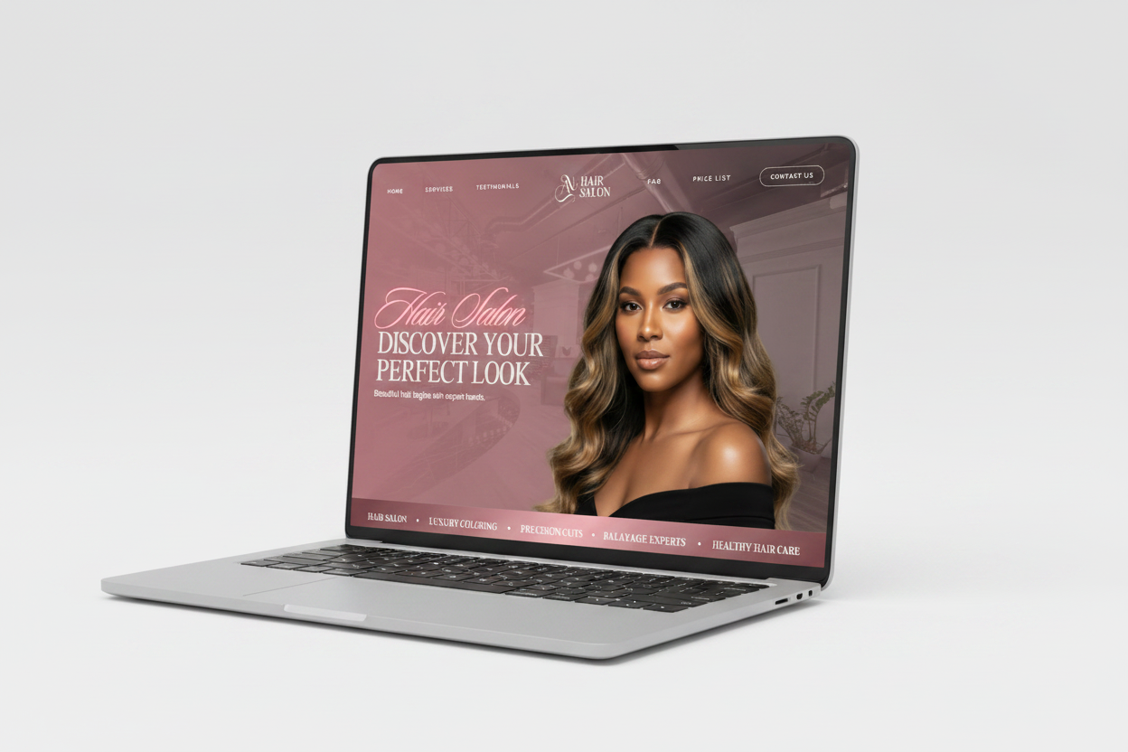 Hair salon website template displayed on a laptop screen