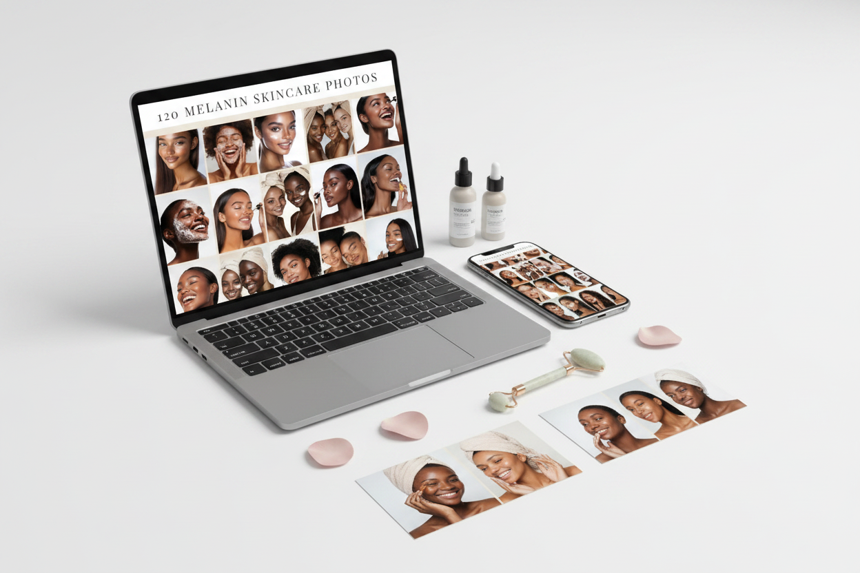 120 melanin skincare stock images mood board across laptop, phone and printed cards