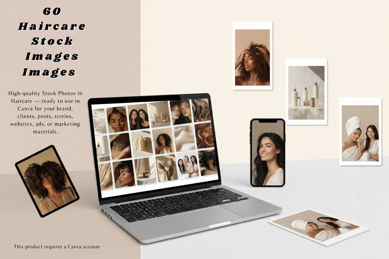 60 haircare stock images mood board across laptop, phone and printed cards