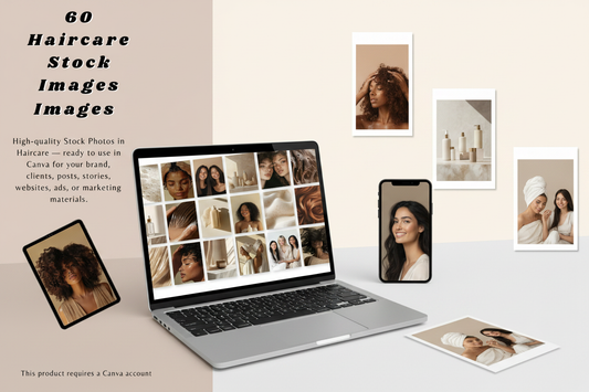 60 haircare stock images mood board across laptop, phone and printed cards