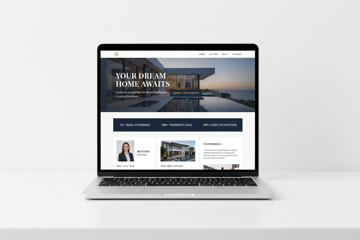 Real estate agent website template on a laptop screen