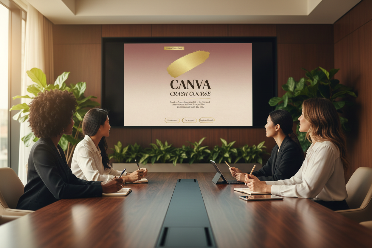 Three professional women in a conference room watching the Canva Crash Course on a big screen
