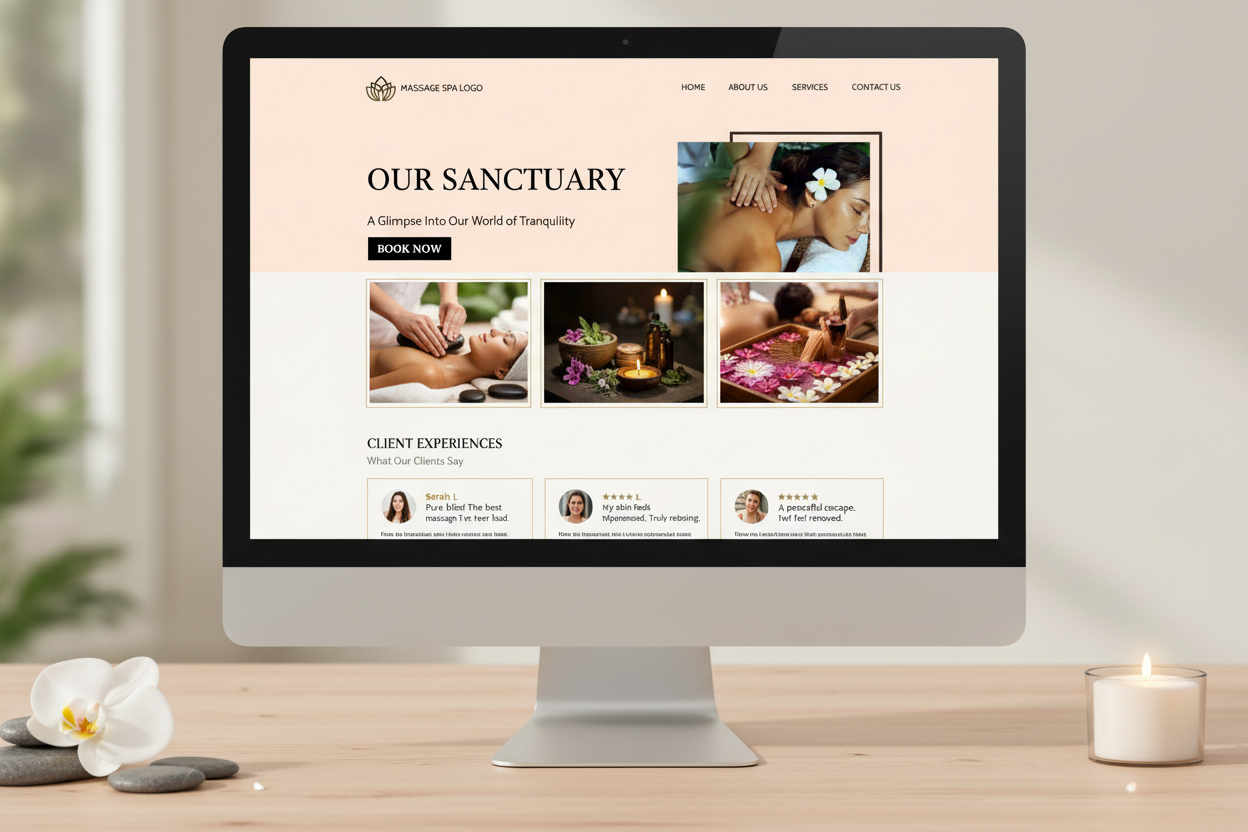 Massage and spa website template gallery and testimonials section