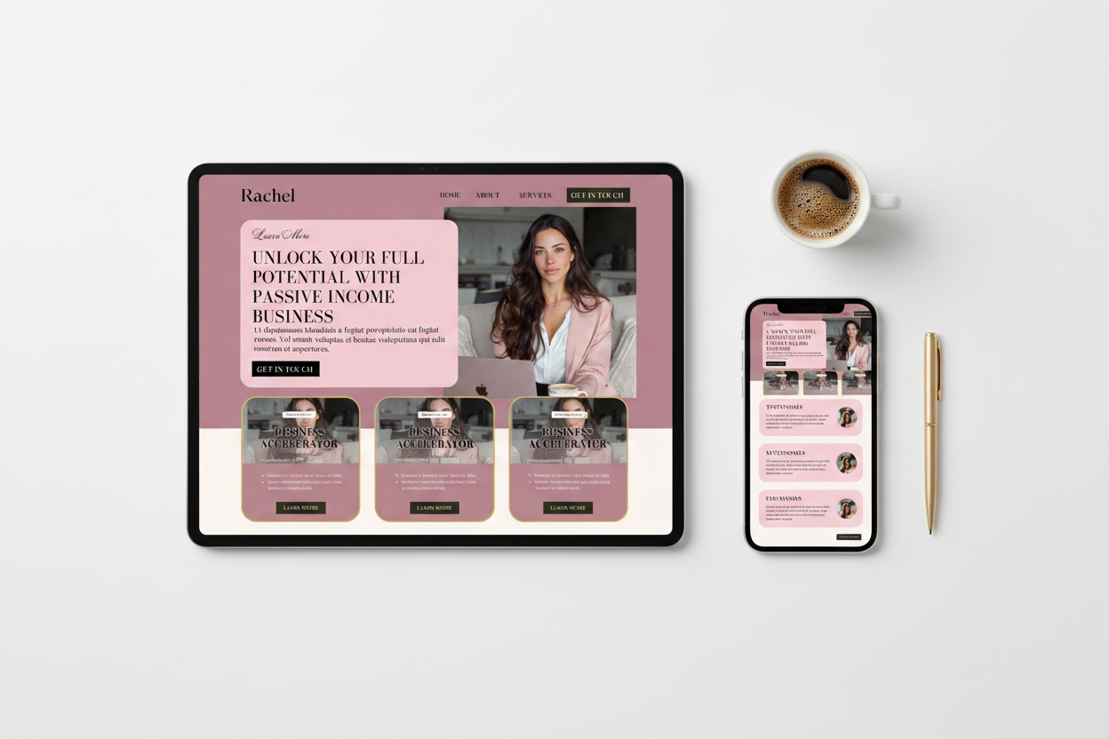Life coaching website template displayed on tablet and phone