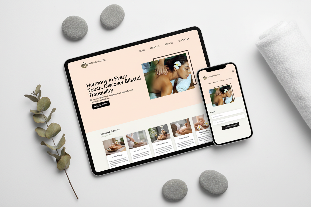 Massage and spa website template on tablet and phone