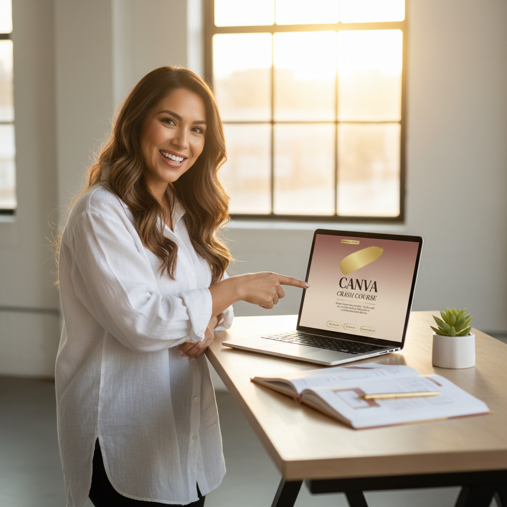 Confident woman at standing desk using the Canva Crash Course