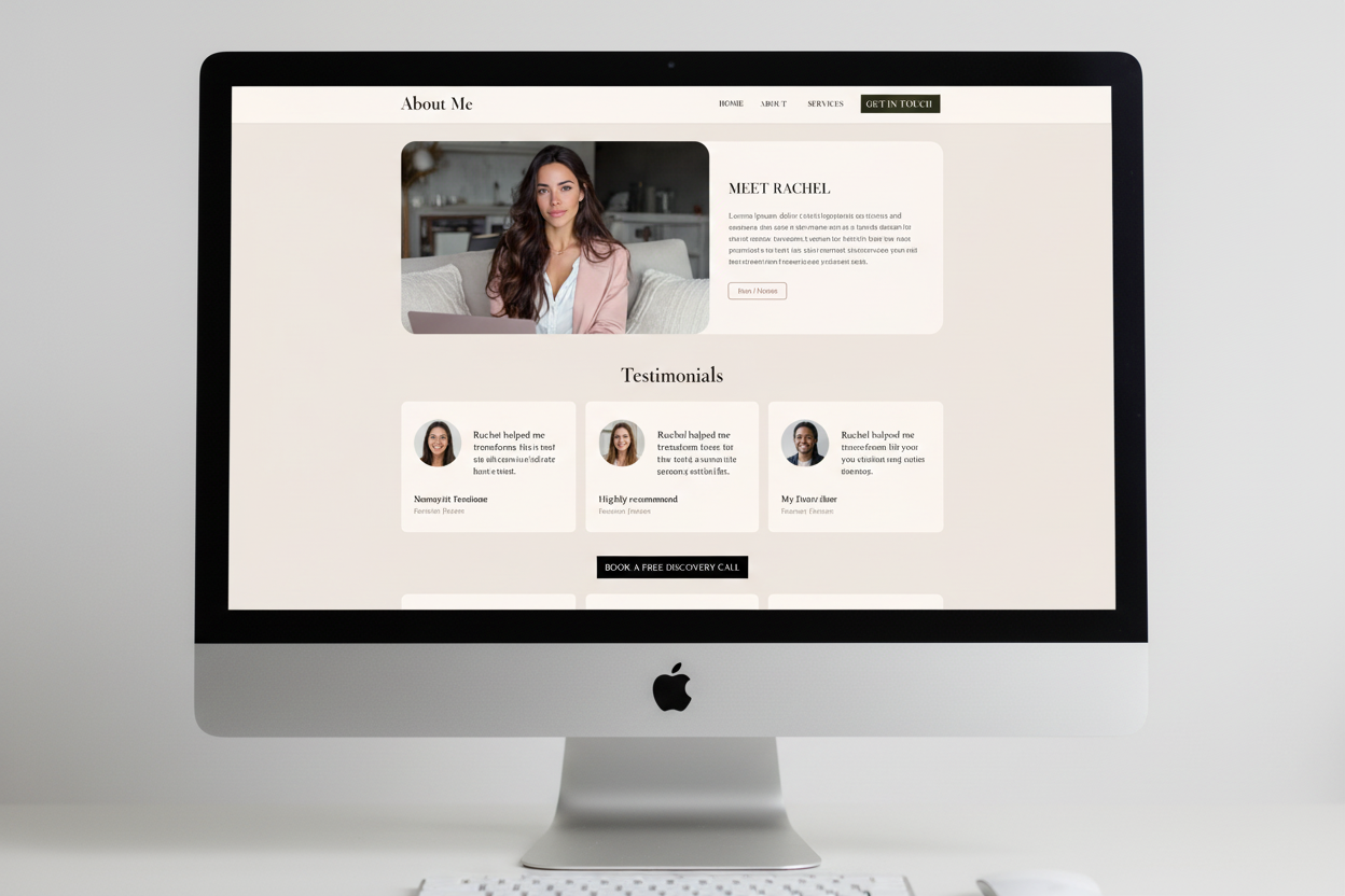 Life coaching website template testimonials and about section on desktop