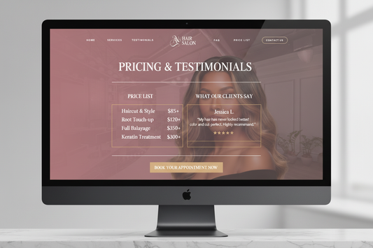 Hair salon website template pricing and testimonials section on desktop