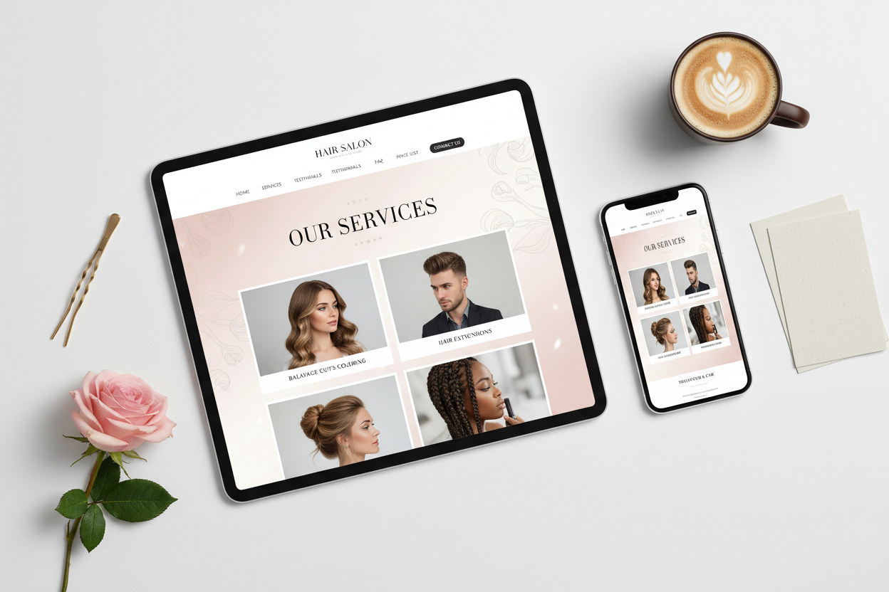Hair salon website template displayed on tablet and phone